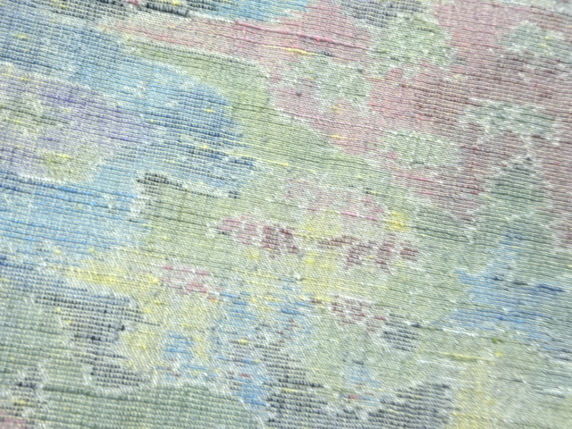  アンティーク　風景模様織り出し手織り真綿小千谷紬単衣着物